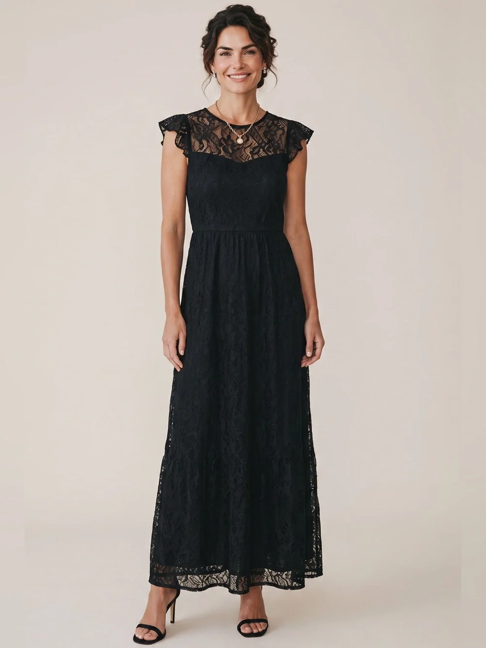 NWT-Lauren Ralph Lauren black lace maxi with flutter sleeves. Size 12. - Picture 1 of 10